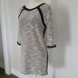$120 Faux Leather Trim Tunic Sweater 3/4 Sleeve Gray Knit Size S